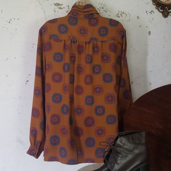 FOXCROFT Women's VINTAGE 70's Academia Mustard Bold Print Button Top Medium - Picture 7 of 9